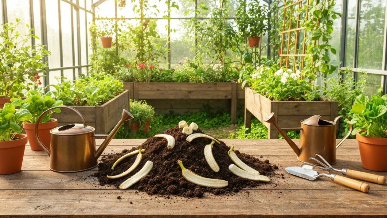 Pilkottuja banaaninkuoria vesilasissa uuttumassa huonekasveja varten.
