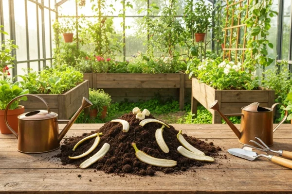 Pilkottuja banaaninkuoria vesilasissa uuttumassa huonekasveja varten.