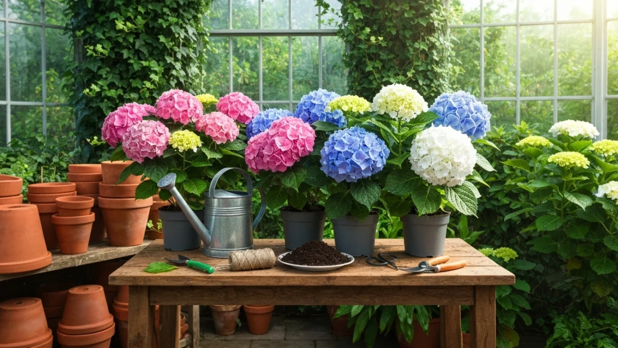 Suuri ja kukoistava sininen hortensia terrakottaruukussa varjoisalla kotipihalla.
