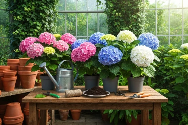 Suuri ja kukoistava sininen hortensia terrakottaruukussa varjoisalla kotipihalla.