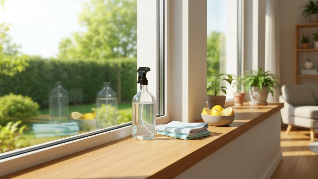 Kirkas ikkunalasi, jonka läpi näkyy keväinen vihreä luonto, vieressä suihkepullo ja mikrokuituliina.