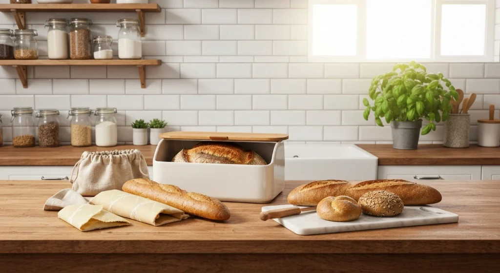 Puinen leipälaatikko, jossa on tuoretta maalaisleipää pellavaliinan sisällä keittiön tasolla.