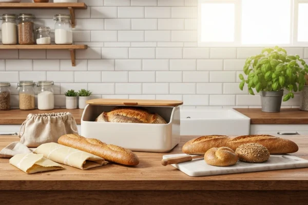 Puinen leipälaatikko, jossa on tuoretta maalaisleipää pellavaliinan sisällä keittiön tasolla.