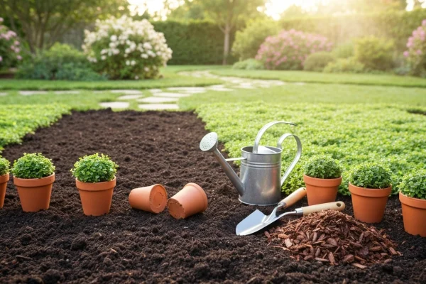 Puutarhuri istuttamassa vihreitä maanpeitekasveja huolellisesti valmisteltuun multaan.