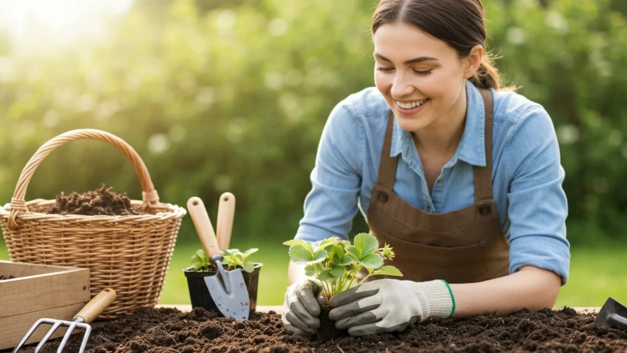 Puutarhuri poistaa vanhoja ja kuivuneita lehtiä mansikkapensaasta aurinkoisena kevätpäivänä.