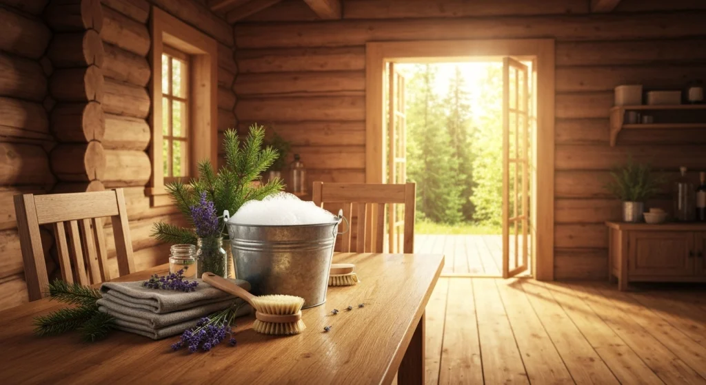 Aurinko paistaa avonaisesta ovesta mökin puulattialle, jolla lepää tyylikäs puinen siivousämpäri ja mikrokuituliina.