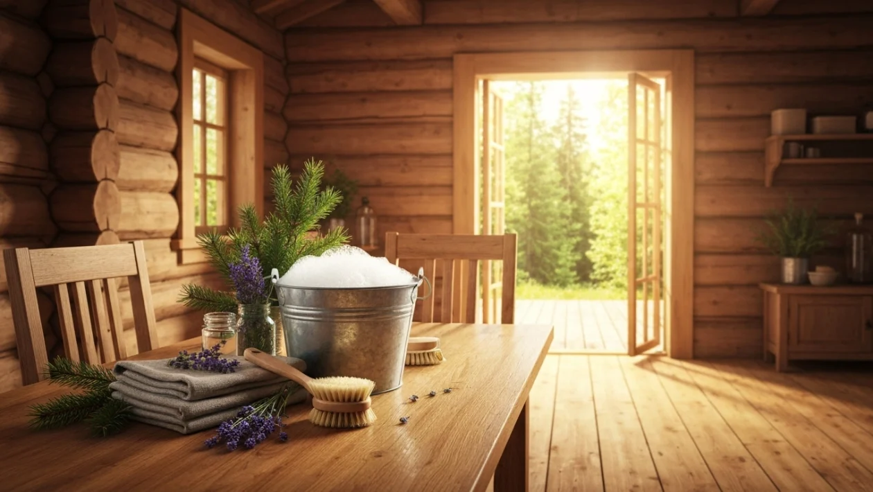 Aurinko paistaa avonaisesta ovesta mökin puulattialle, jolla lepää tyylikäs puinen siivousämpäri ja mikrokuituliina.