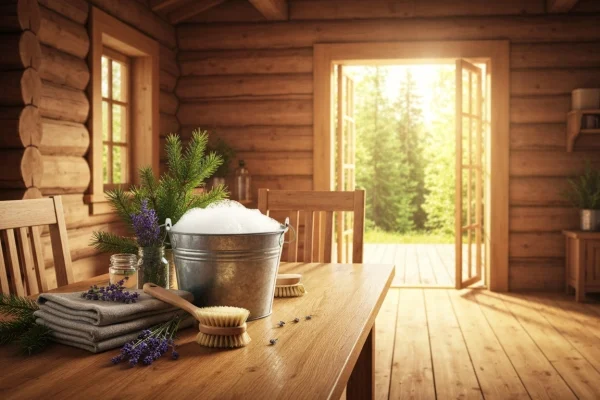 Aurinko paistaa avonaisesta ovesta mökin puulattialle, jolla lepää tyylikäs puinen siivousämpäri ja mikrokuituliina.