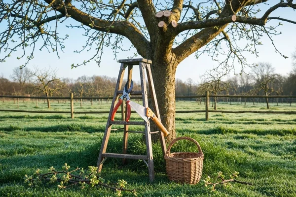 Puutarha-asiantuntija leikkaamassa omenapuun oksaa keväällä oikeaoppisesti oksankauluksen ulkopuolelta.