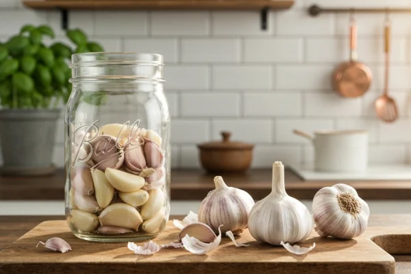 Tyhjä lasipurkki ja irrotettuja valkosipulinkynsiä puisella leikkuulaudalla keväisessä valossa.