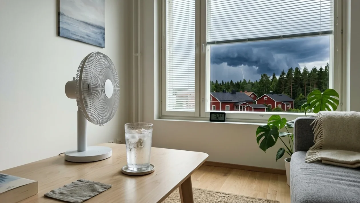 Tumma ukkospilvi nousee helteisen suomalaisen järvimaiseman ylle.
