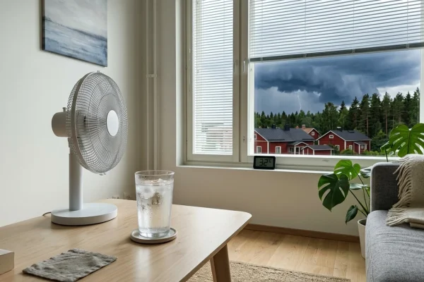 Tumma ukkospilvi nousee helteisen suomalaisen järvimaiseman ylle.