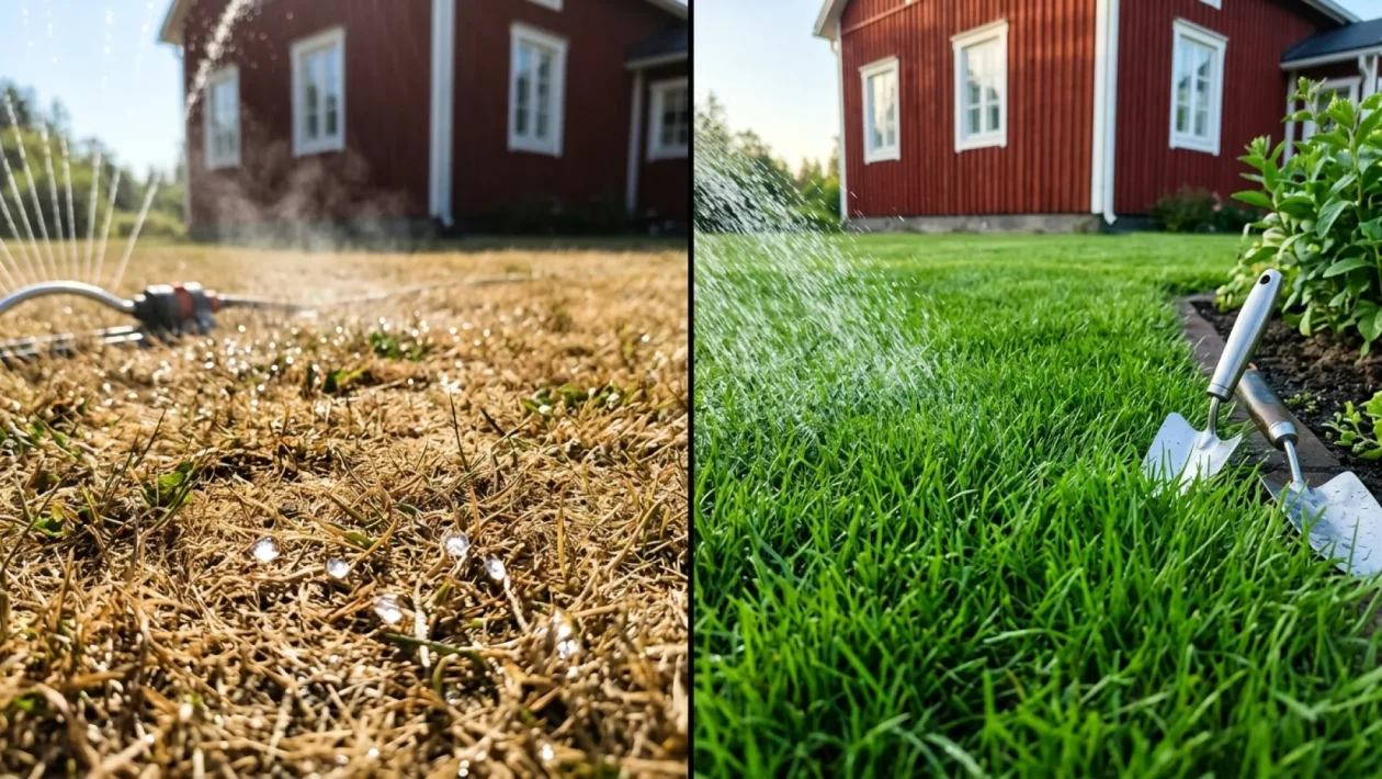 Kuiva ja kellastunut nurmikko kesähelteellä Suomessa.