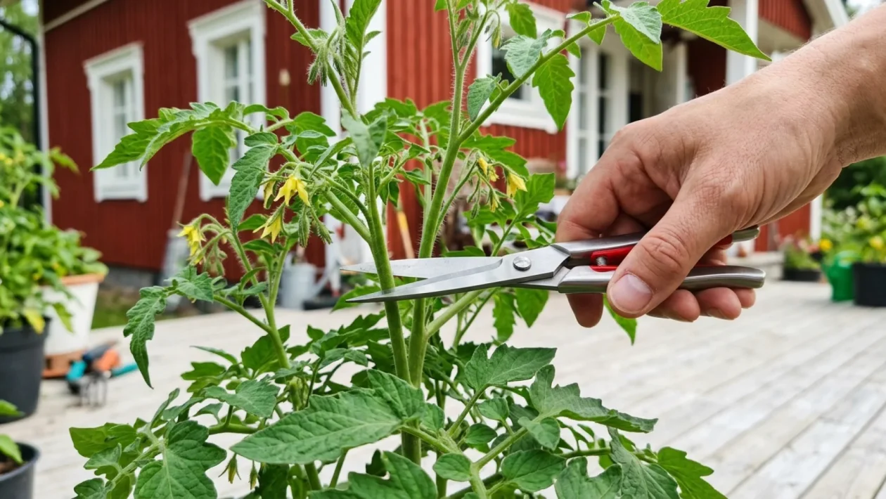 Vehreä pensastomaatti kasvamassa ruukussa kesäisellä terassilla, tukikeppiin sidottuna.