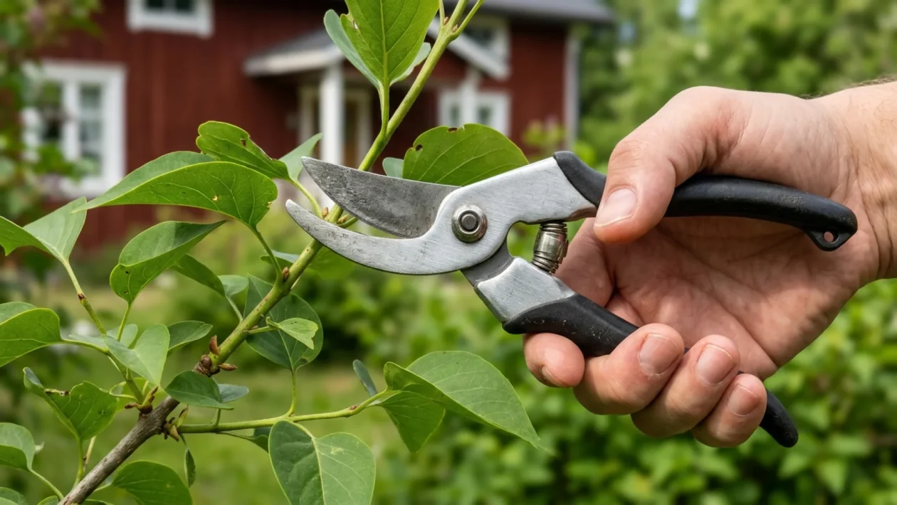 Mies leikkaamassa väärään aikaan pensasaitaa kuivassa puutarhassa.