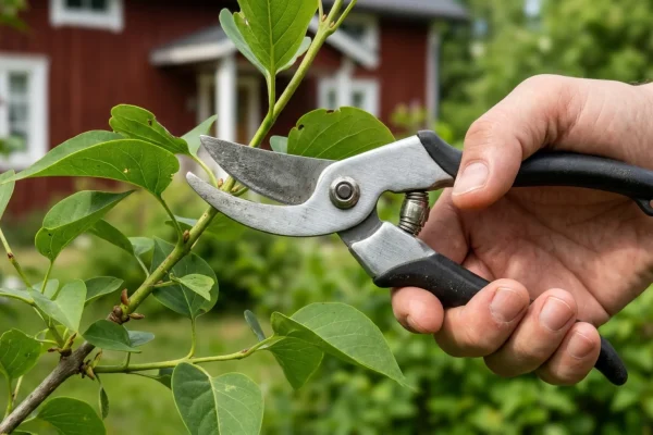 Mies leikkaamassa väärään aikaan pensasaitaa kuivassa puutarhassa.