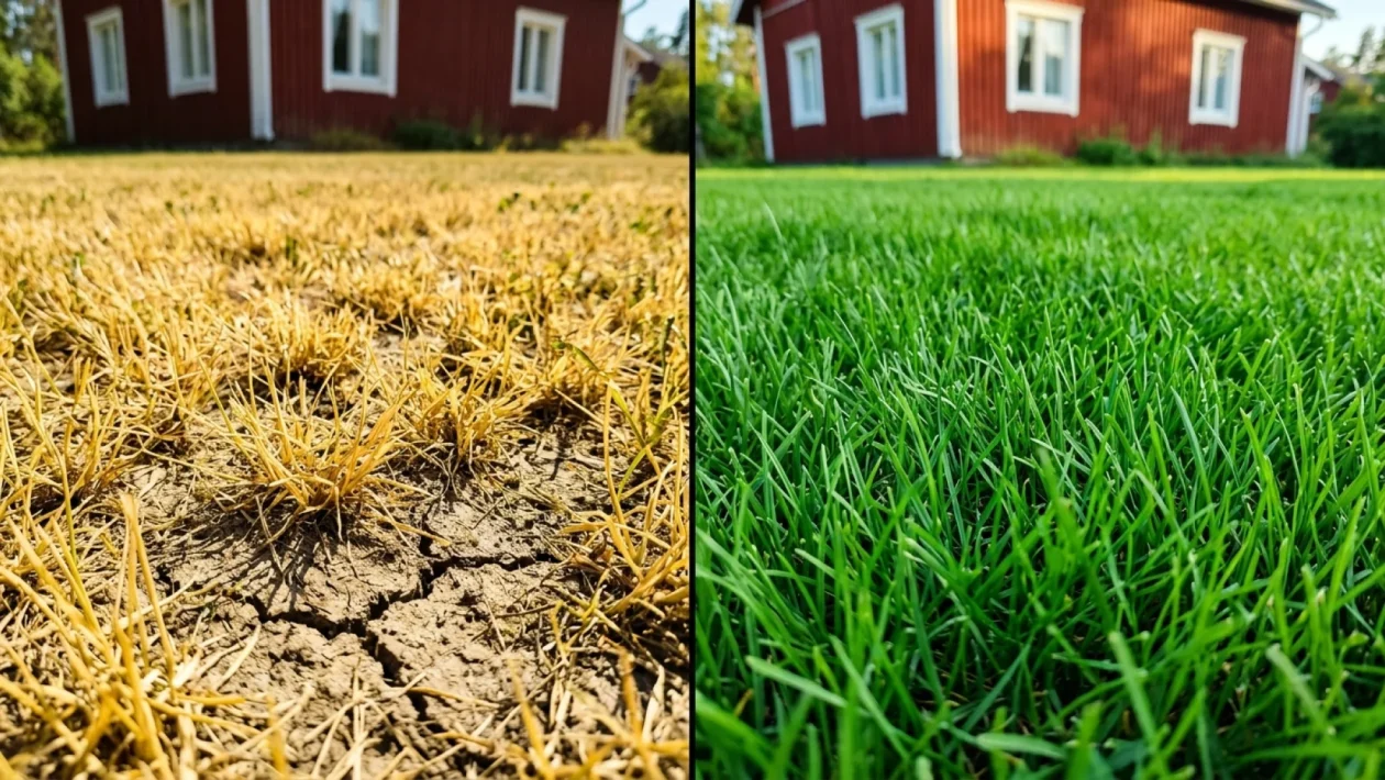 Kuivunut ja kellastunut pihanurmikko aurinkoisena kesäpäivänä.