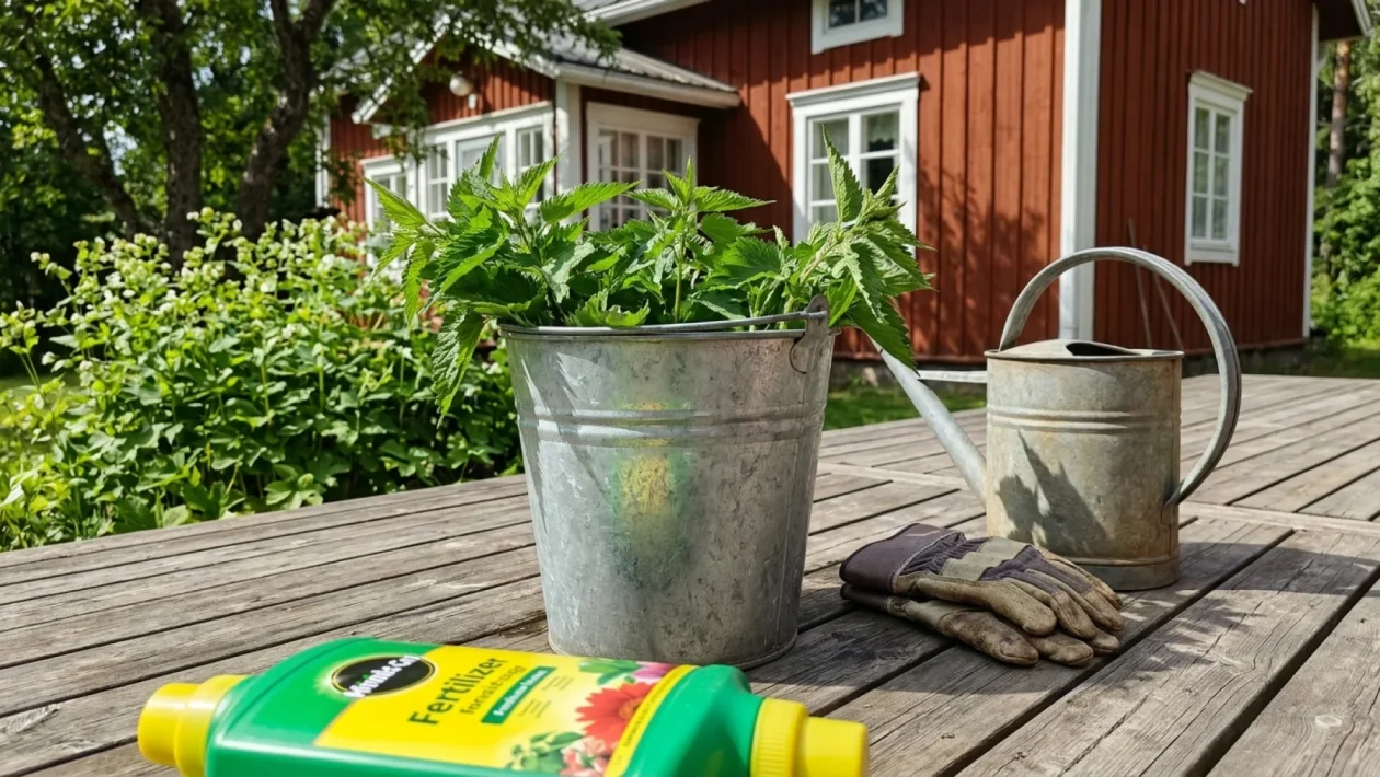 Tummanvihreää nokkosvettä muovisessa kastelukannussa aurinkoisella pihalla.