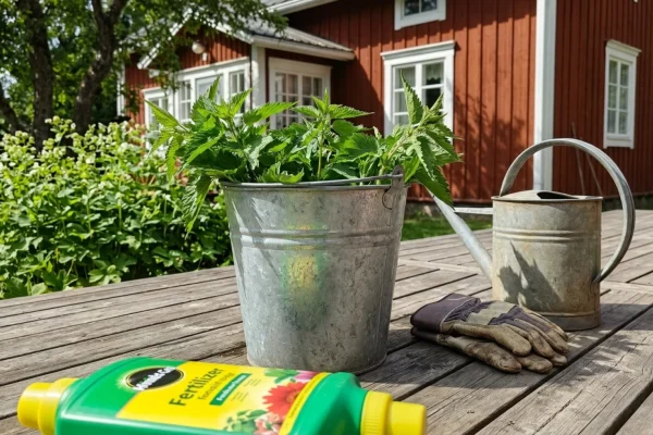 Tummanvihreää nokkosvettä muovisessa kastelukannussa aurinkoisella pihalla.