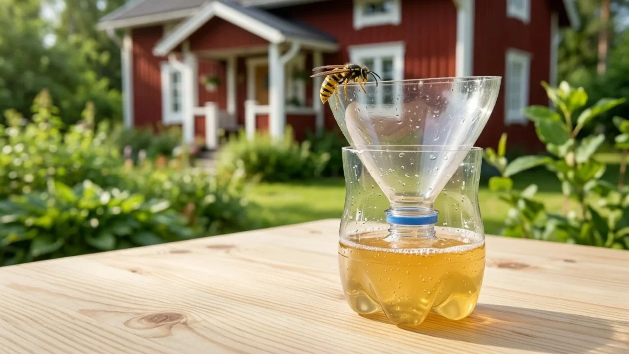 Muovipullosta itse rakennettu ampiaisten ansa roikkuu omenapuun oksalla.
