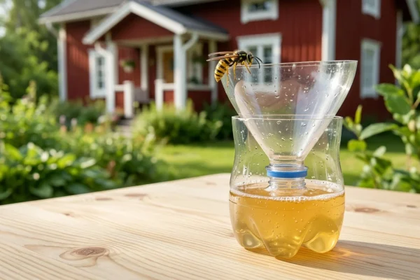 Muovipullosta itse rakennettu ampiaisten ansa roikkuu omenapuun oksalla.