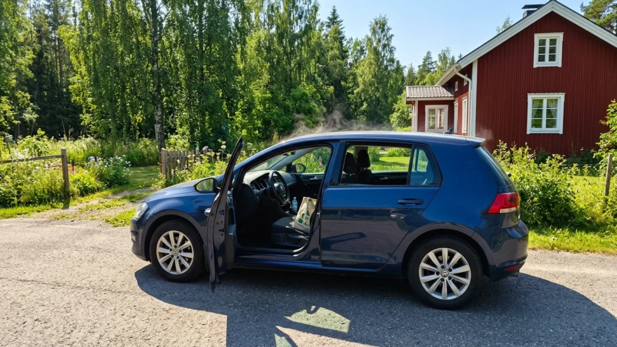 Mies tuulettaa kuumaa henkilöautoa pumppaamalla ovea avoimella parkkipaikalla.