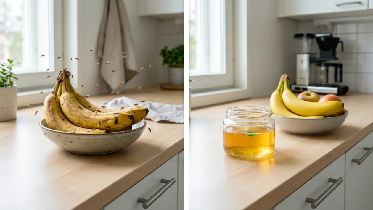 Lasiin tehty banaanikärpäsansa keittiön työtasolla.