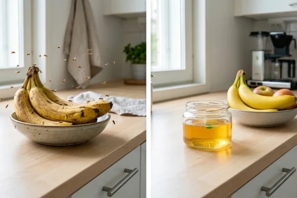 Lasiin tehty banaanikärpäsansa keittiön työtasolla.