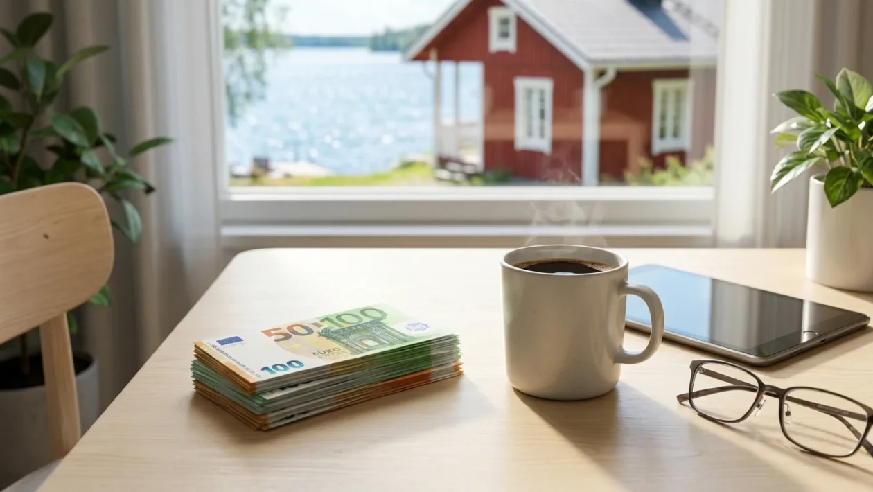 Harmaahiuksinen mies tarkastelee tabletilta eläkelaskelmaa ja hymyilee.