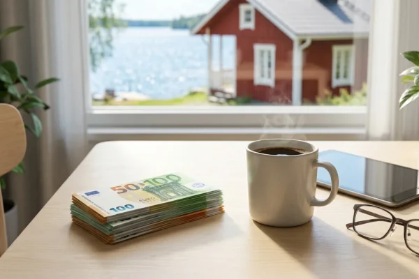 Harmaahiuksinen mies tarkastelee tabletilta eläkelaskelmaa ja hymyilee.