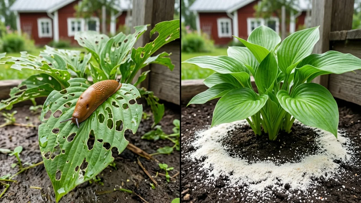 Valkosipulijauhetta sirotellaan puutarhan kasvien ympärille mullan pinnalle.