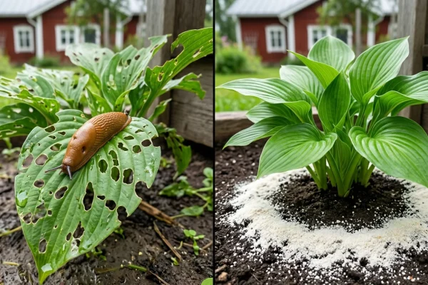 Valkosipulijauhetta sirotellaan puutarhan kasvien ympärille mullan pinnalle.