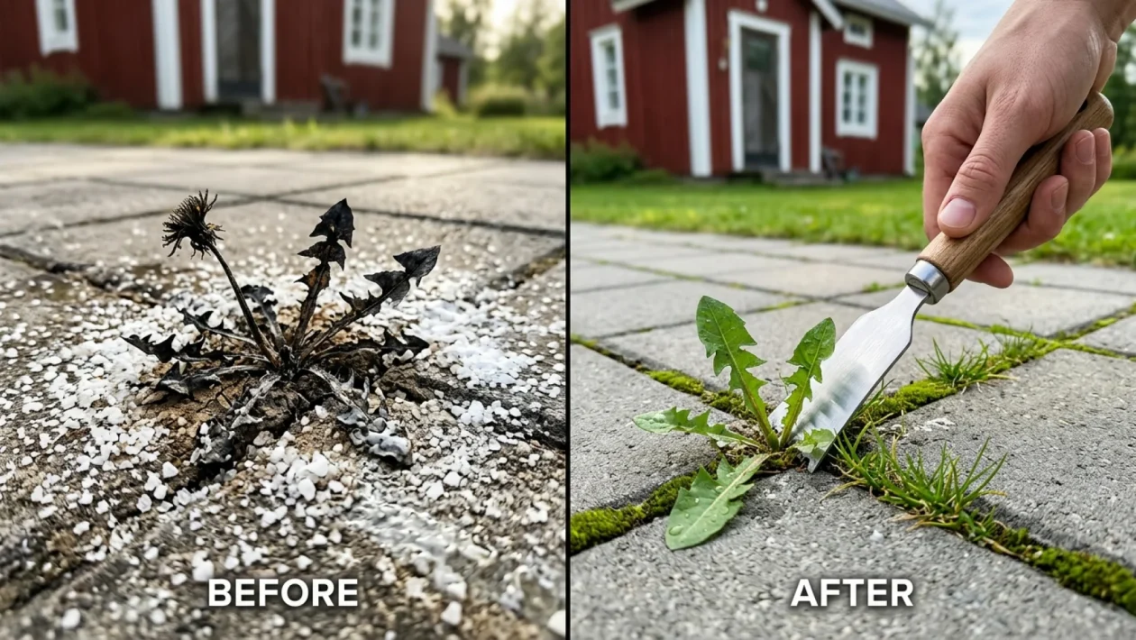 Kuivunutta ja halkeillutta maaperää, jossa on kuolleita rikkaruohoja.
