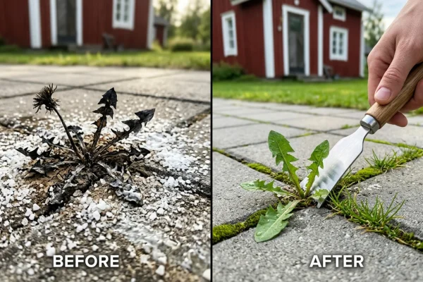 Kuivunutta ja halkeillutta maaperää, jossa on kuolleita rikkaruohoja.