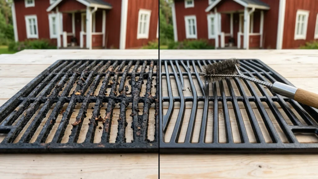 Puhdas kaasugrillin valurautaritilä ja laadukas grilliharja.