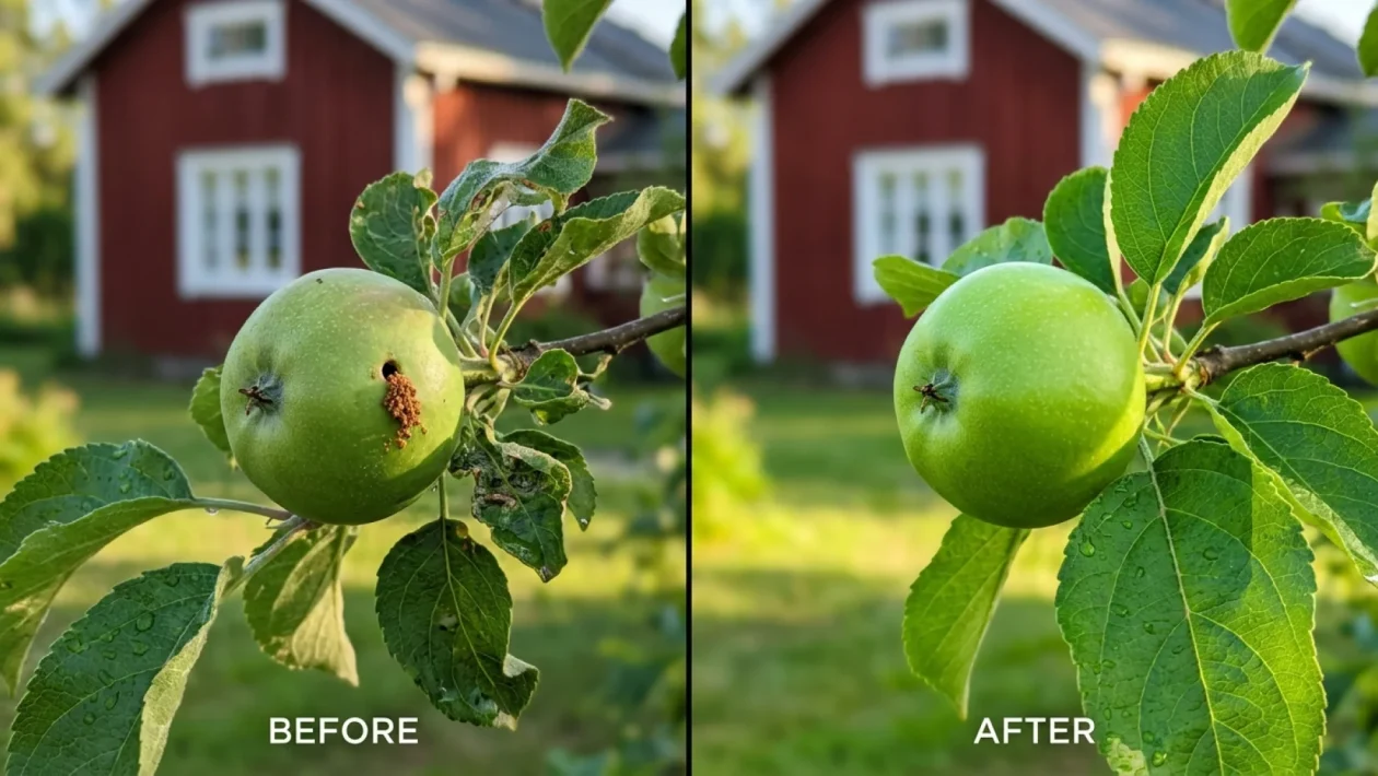 Omenapuun raakile, jossa näkyy pientä ruskeaa purua ja tuholaisen reikä.
