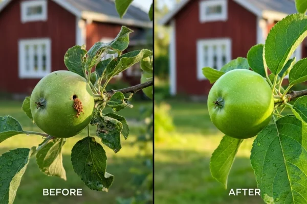 Omenapuun raakile, jossa näkyy pientä ruskeaa purua ja tuholaisen reikä.