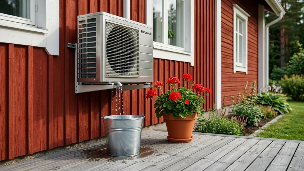 Mies kaataa ilmalämpöpumpun ulkoyksikön keräämää kondenssivettä siivousämpäriin ulkona.