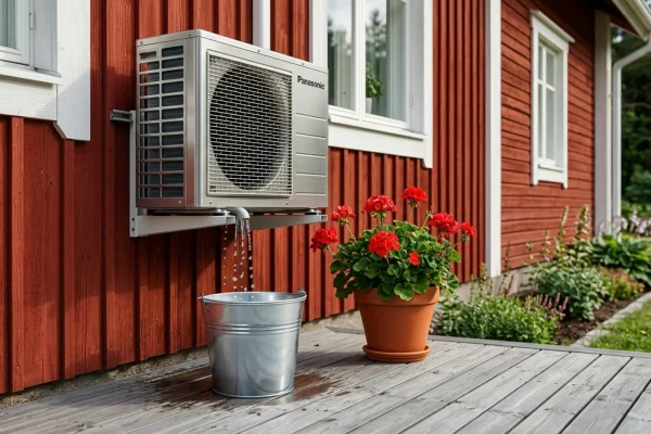 Mies kaataa ilmalämpöpumpun ulkoyksikön keräämää kondenssivettä siivousämpäriin ulkona.