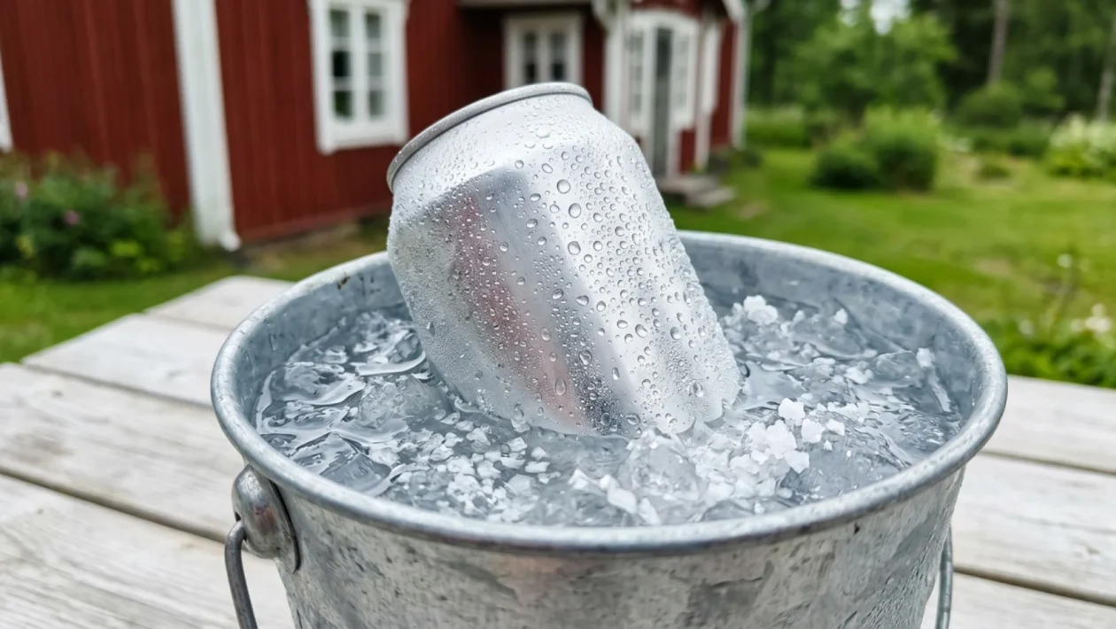 Jääpaloja ja karkeaa suolaa sisältävä astia, johon on upotettu juomatölkkejä.