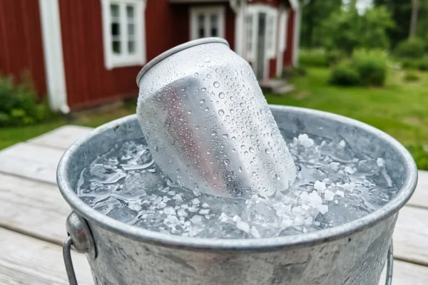 Jääpaloja ja karkeaa suolaa sisältävä astia, johon on upotettu juomatölkkejä.