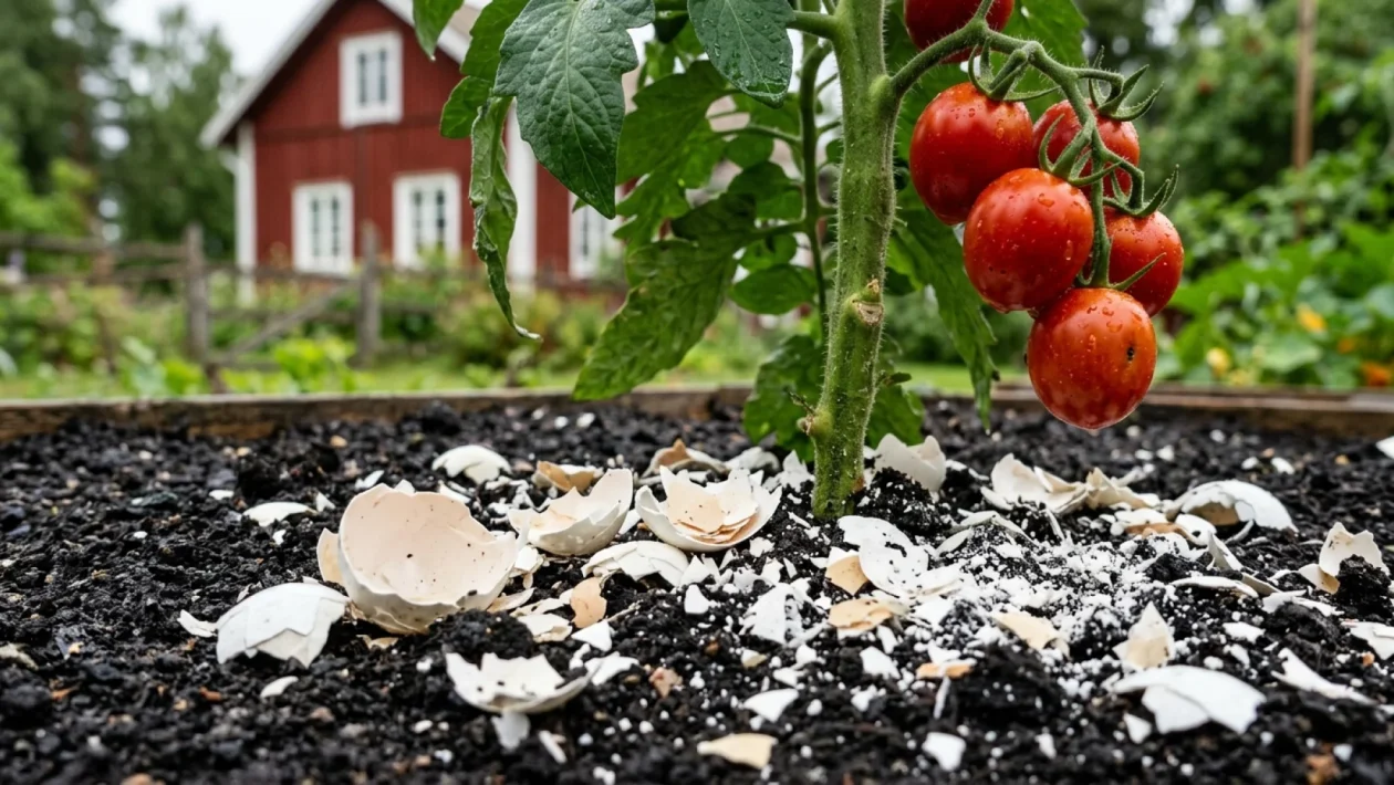 Murskatut kananmunankuoret tomaattipenkin mullassa.
