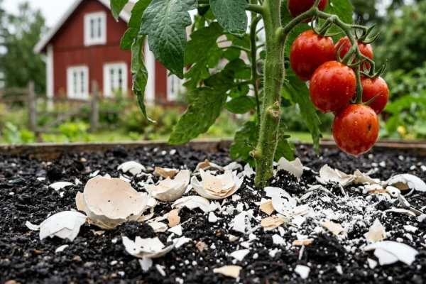 Murskatut kananmunankuoret tomaattipenkin mullassa.