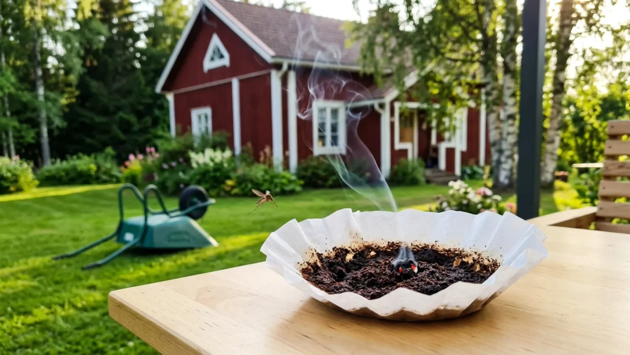 Tummapaahtoinen kahvinpuru savuaa pienessä metalliastiassa pihapöydällä.