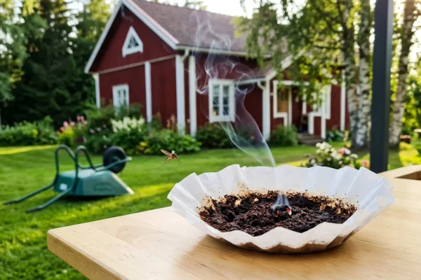 Tummapaahtoinen kahvinpuru savuaa pienessä metalliastiassa pihapöydällä.