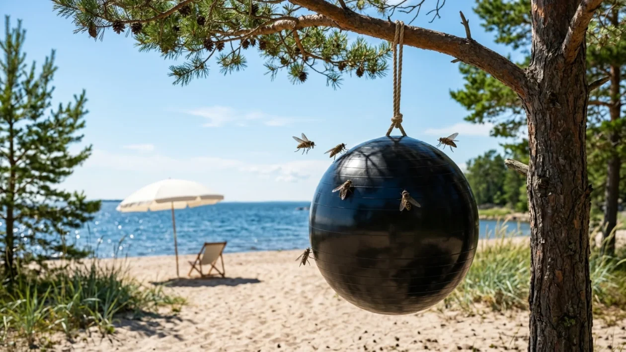 Tumma jumppapallo roikkuu puunoksassa aurinkoisella uimarannalla.
