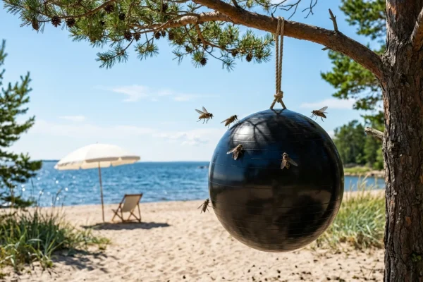 Tumma jumppapallo roikkuu puunoksassa aurinkoisella uimarannalla.