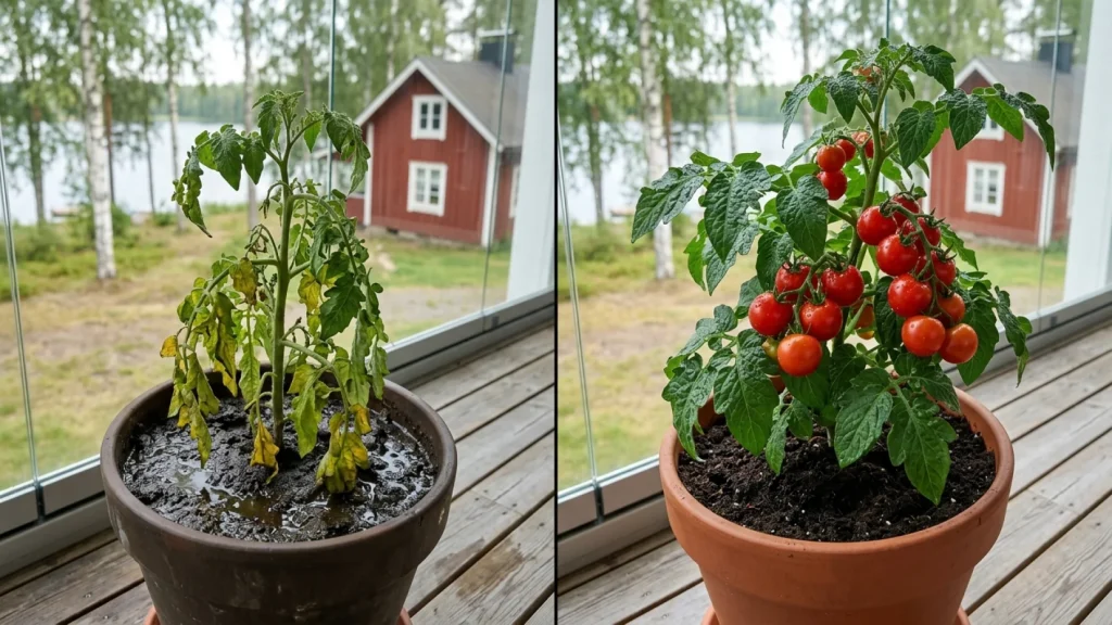Lähikuva kellastuvasta tomaatin lehdestä kasvihuoneessa