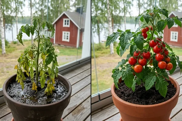 Lähikuva kellastuvasta tomaatin lehdestä kasvihuoneessa