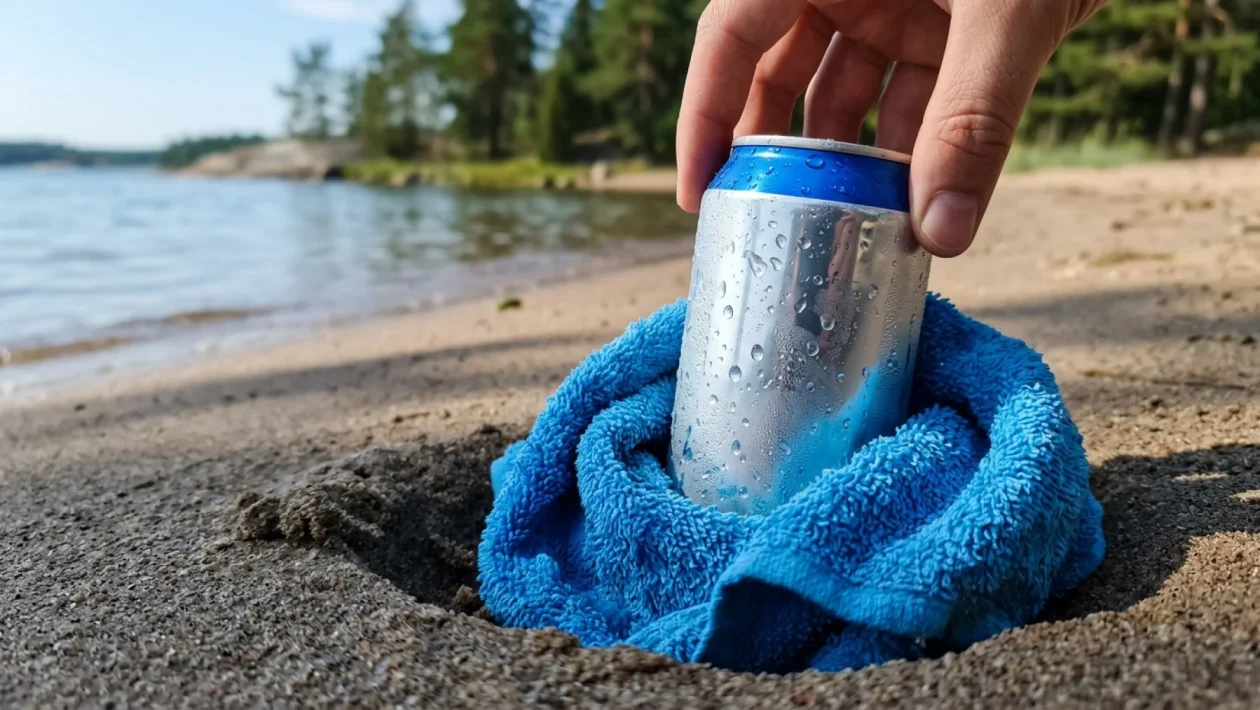 Huurteinen juomatölkki upotettuna märkään rantahiekkaan.